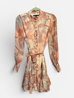 Boston Proper Long-Sleeve Paisley Shirt Dress - Peach & Light Blue